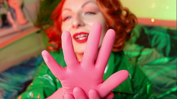 pink gloves fetish - latex rubber close up video - redhead MILF seduce and tease with hot sounds